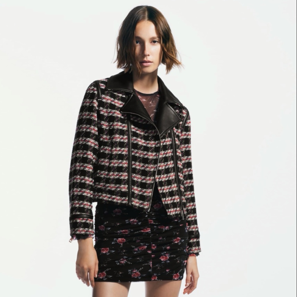 Zara Black & Red Tweed Design with Faux leather trimmings Cropped Blazer size L